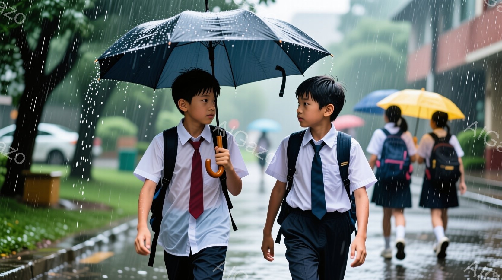 制服を着た二人の少年が雨の中を歩いている。少年たちは紺色のズボンと白いシャツを着ており、それぞれ赤いネクタイと青いネクタイをしている。背景には他の学生や緑豊かな木々、そして雨で濡れた道路が見え、全体的 - AI生成フリー素材