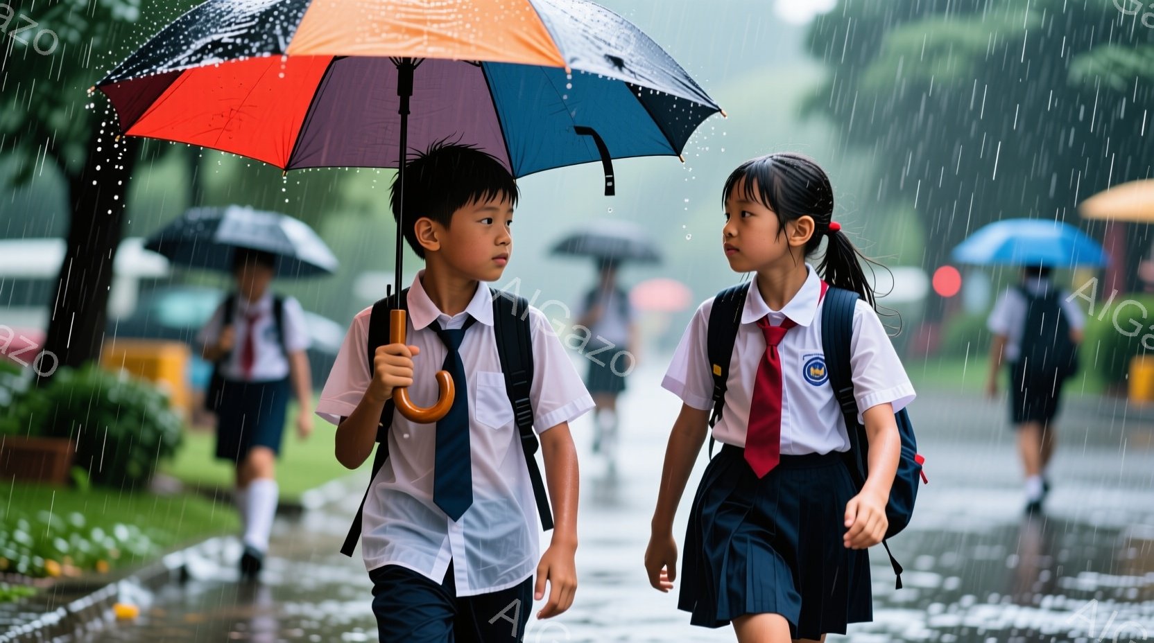 雨が降る中、制服を着た少年と少女が並んで歩いている。少年は短髪で、落ち着いた表情で前を見据え、少女はポニーテールで少し微笑んでいる。背景には他の生徒や緑豊かな木々が見え、雨の日の学校からの帰り道という雰囲気が漂っている。