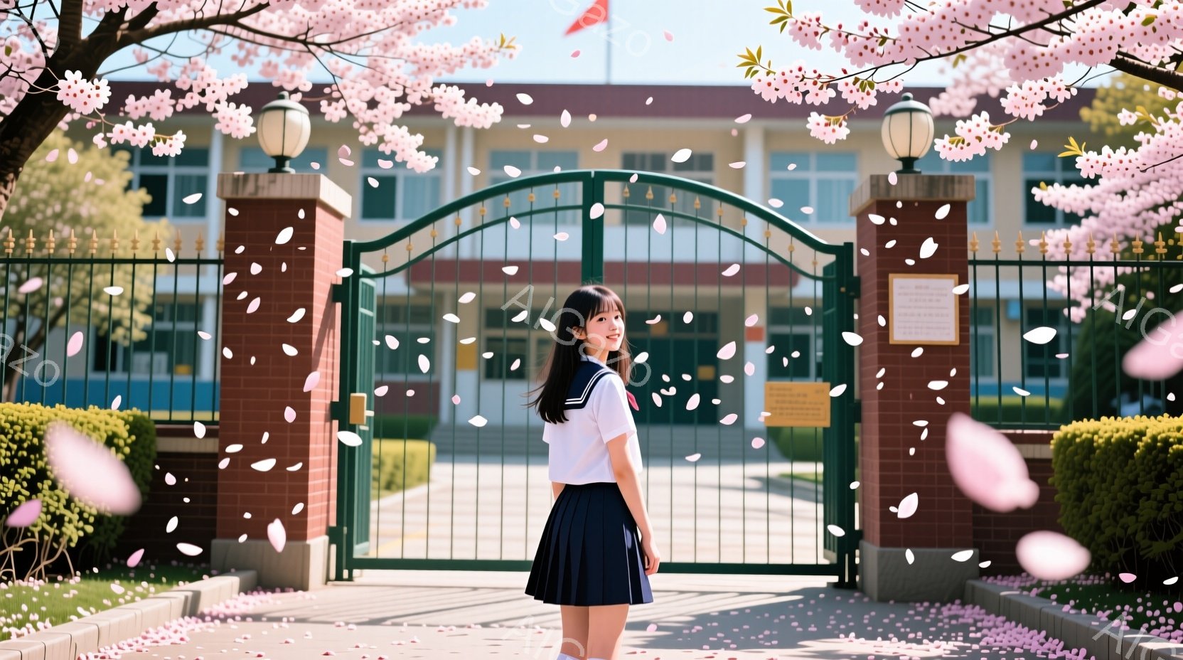 制服を着た女子学生が、桜の花びらが舞う学校の門の前で立っている。彼女は紺色のリボンとブレザー、プリーツスカートを身につけ、微笑みを浮かべている。背景には、桜並木とレンガ造りの校舎があり、春の暖かく穏やかな雰囲気を醸し出している。