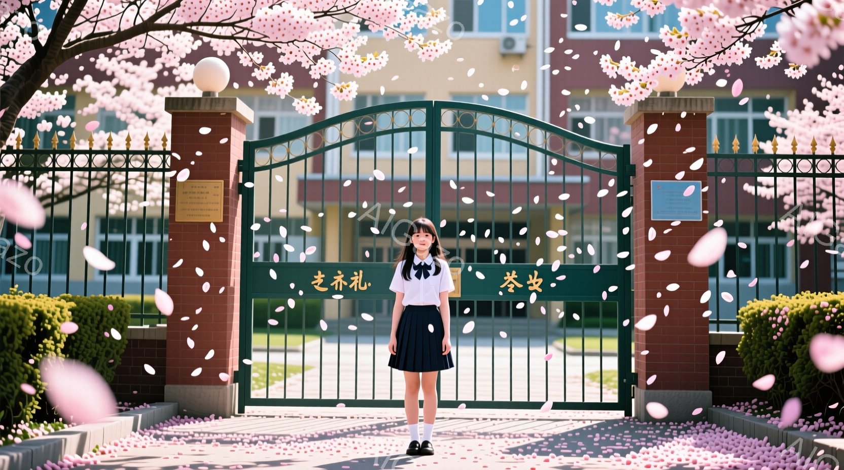 制服を着た女子学生が、桜の舞い散る学校の門前に立っている。彼女は紺色のスカートと白いブラウス、リボンをつけ、黒い靴を履いている。背景には、桜並木とクリーム色の校舎が見え、春の穏やかで華やかな雰囲気が漂っている。