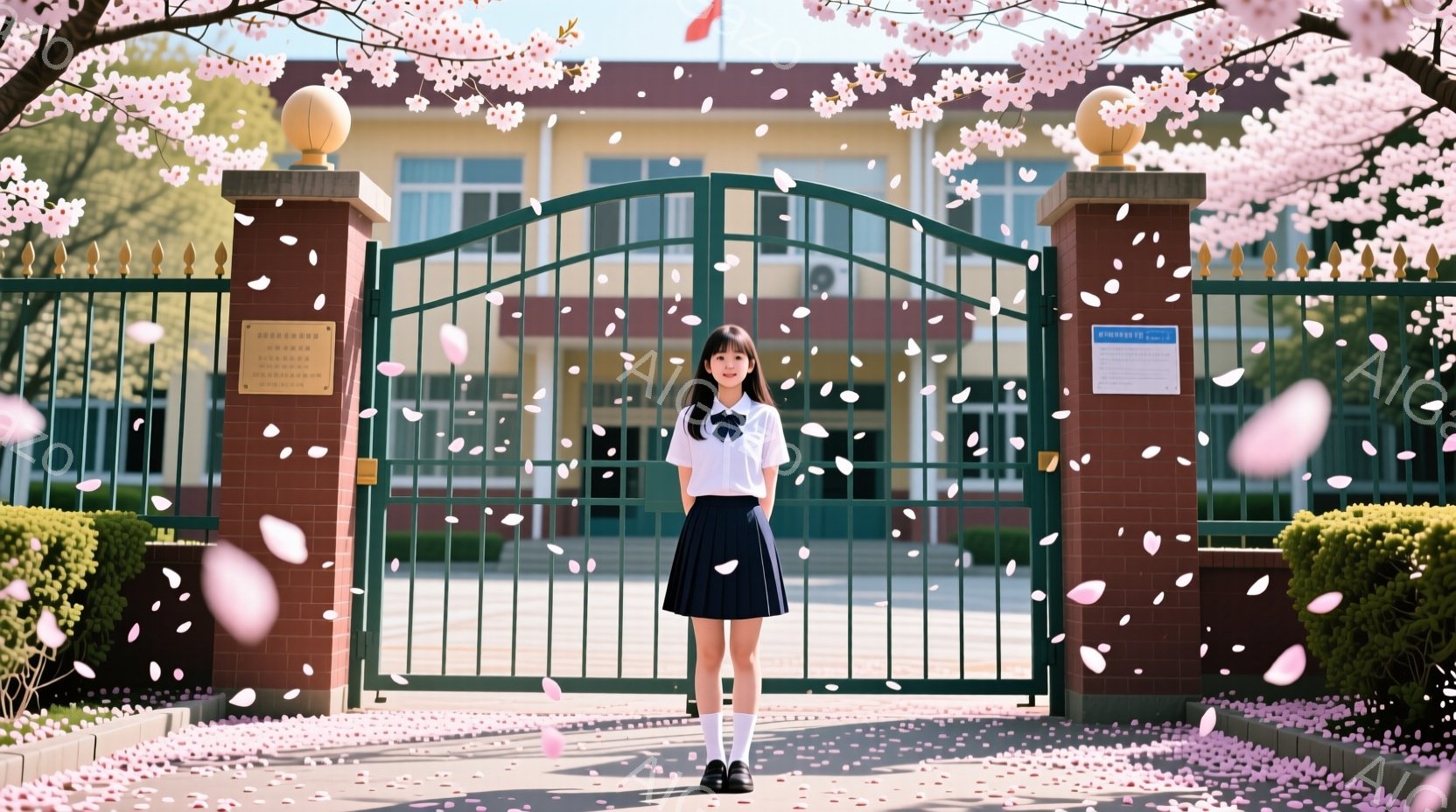制服を着た女子学生が、桜並木の門の前に立っている様子が描かれています。彼女は紺色のリボンとスカート、白いブラウス、ソックスを履いており、少し微笑んでいます。背景には、ピンク色の桜の花びらが舞い散り、白い建物と緑豊かな庭園が広がっており、春の穏やかな雰囲気を醸し出しています。