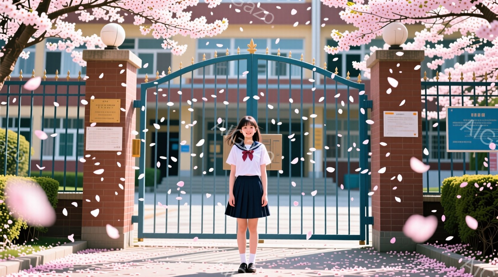 制服を着た少女が、桜の散る学校の門前に立っている。彼女は膝丈のスカートと、白いブラウス、リボン付きのネクタイ、そして黒い靴を履いている。背景にはレンガ造りの校舎が見え、桜の花びらが舞い、春の暖かく穏やかな雰囲気を醸し出している。