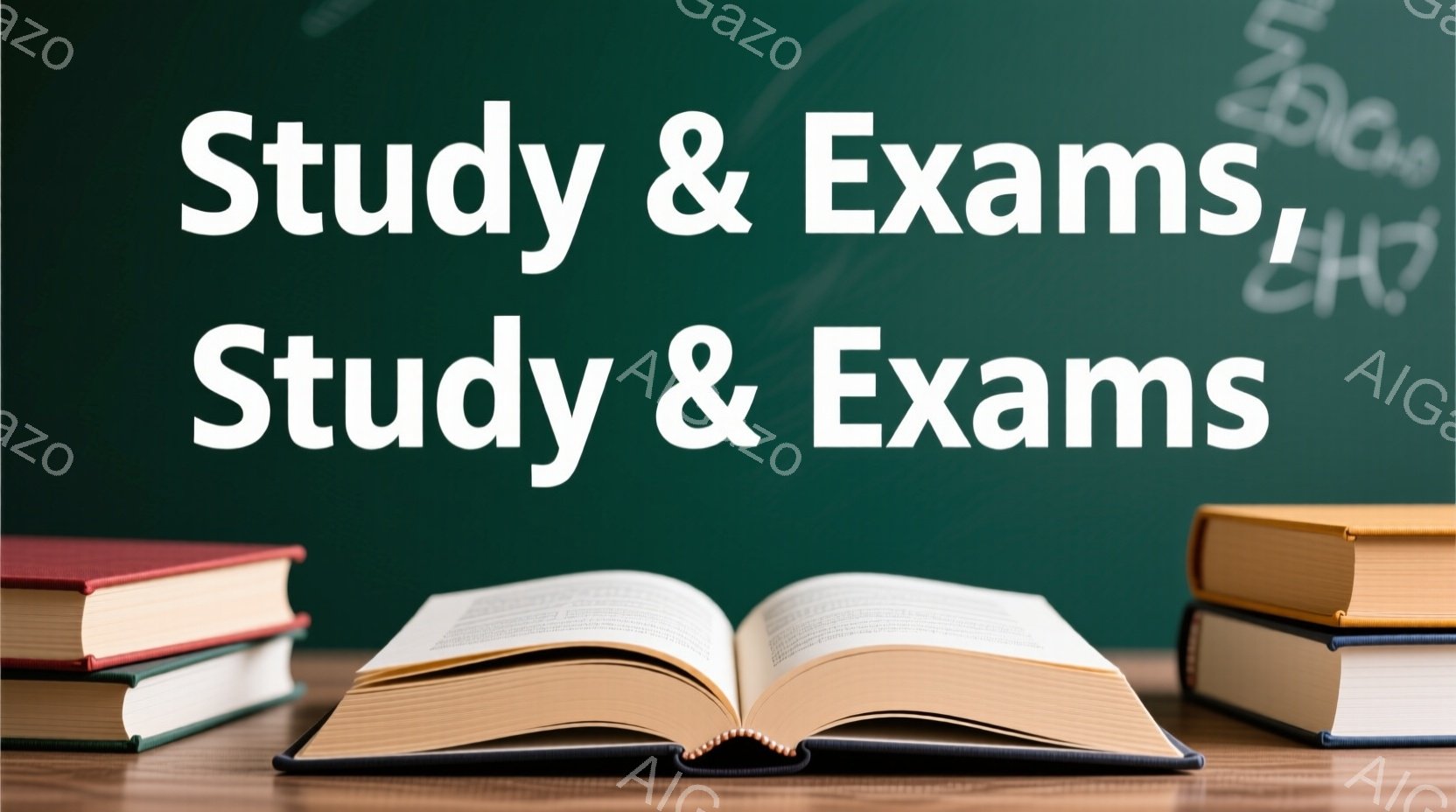 机の上には、開いた本と積み重ねられた複数の本が置かれています。本のページは少し黄ばんでおり、古い印象を与えます。背景は深い緑色で、学習や読書に集中できる静かな雰囲気です。