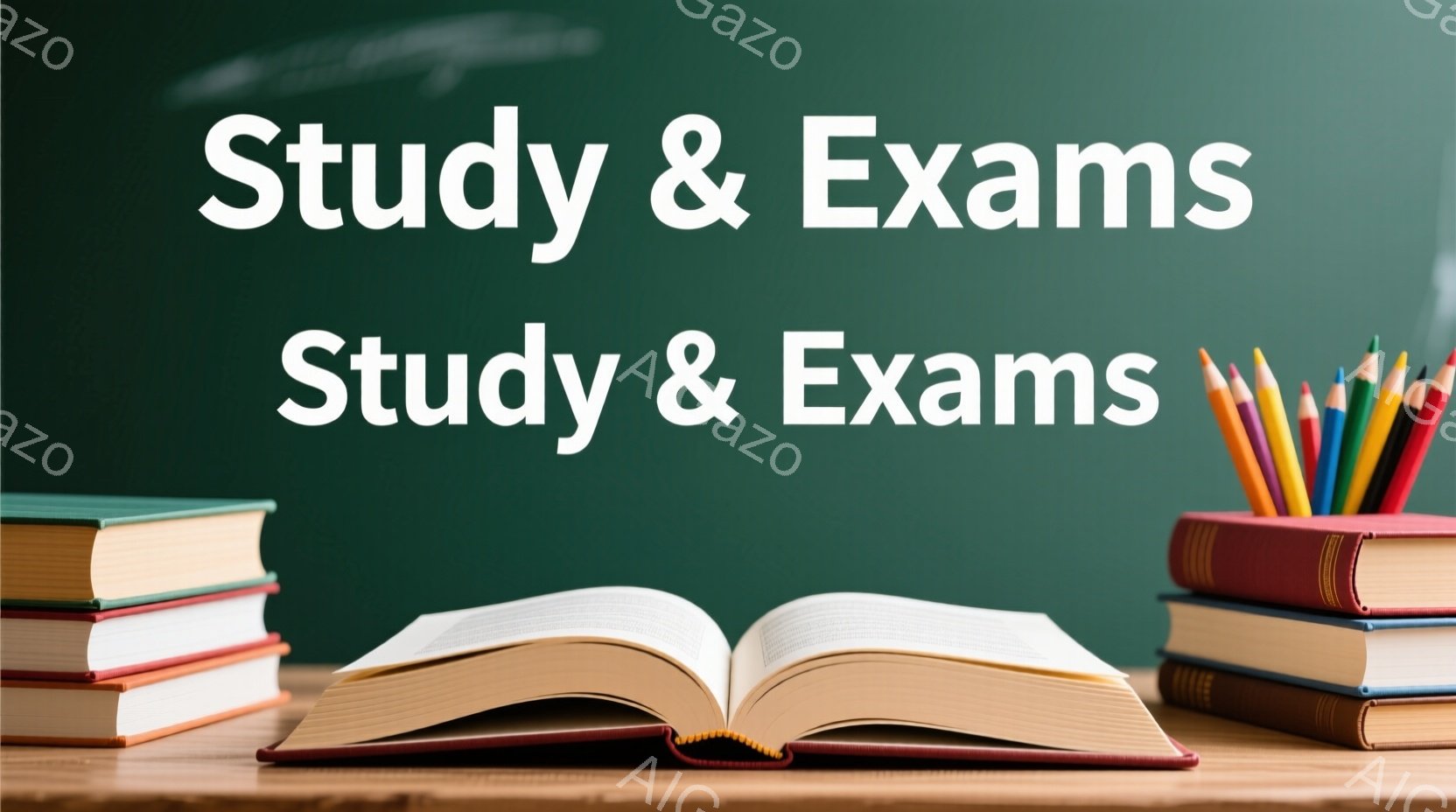 緑色の背景に、開かれた本と積み重ねられた本が置かれた木製のテーブルが写っている。本の隣にはカラフルな鉛筆が立てられており、勉強や学習の雰囲気を醸し出している。全体的に落ち着いた色調で、知的な印象を与え - AI生成フリー素材