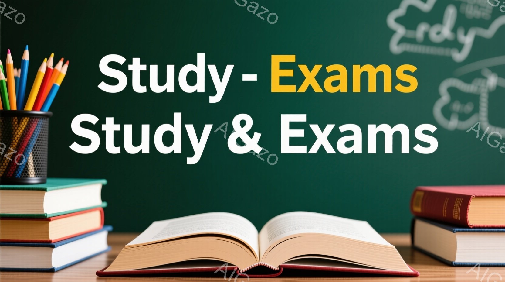 机の上に、開いた本、積み重ねられた本、そしてペン立てが置かれています。本は様々な色をしており、ペン立てにはカラフルなペンが詰まっています。背景は緑色で、勉強や読書に最適な静かで集中できる雰囲気です。