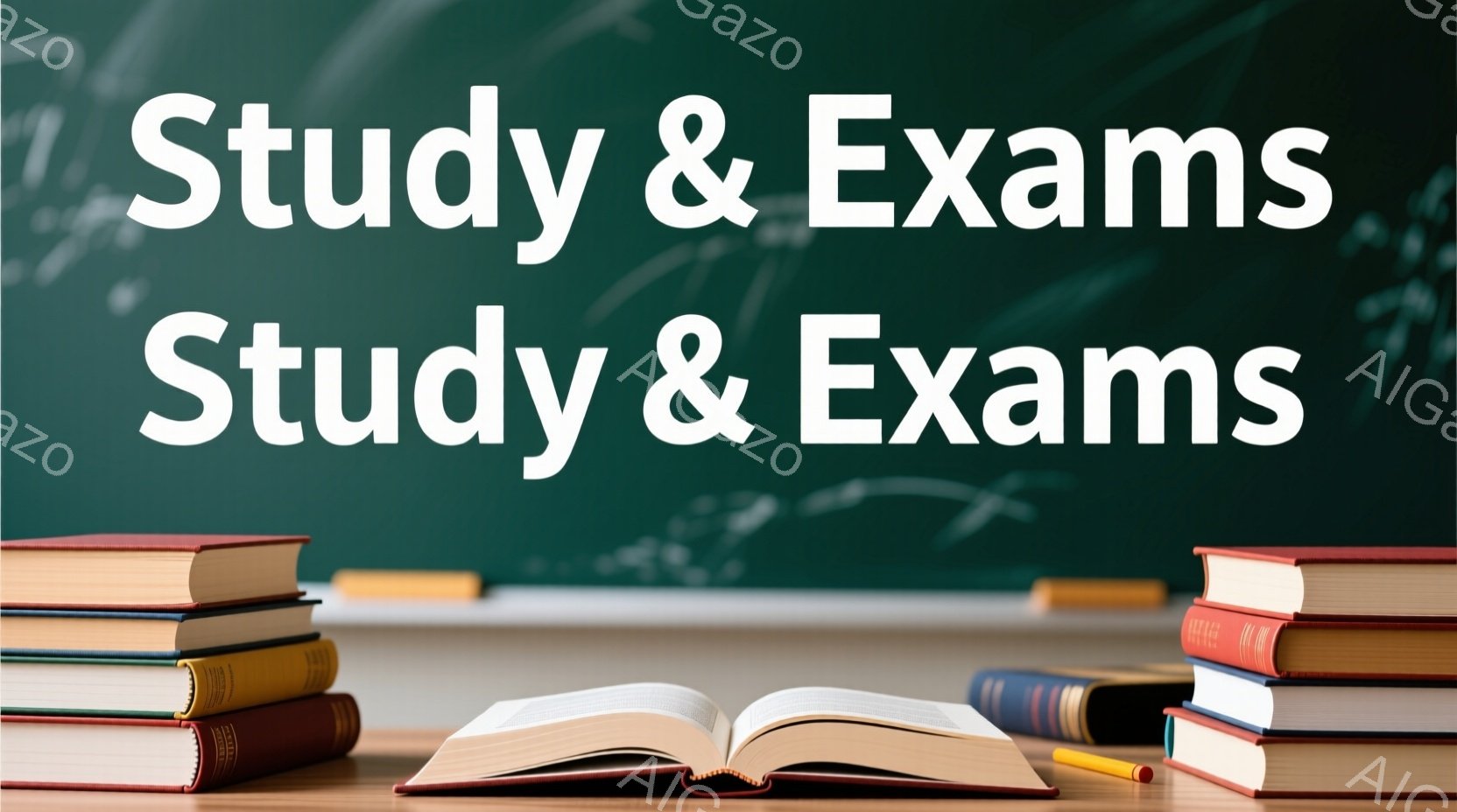 机の上に開いた本と積み重ねられた本が置かれています。本は様々な色をしており、赤、青、黄色、ベージュなどが含まれます。背景は暗緑色で、光が当たって本が明るく照らされています。