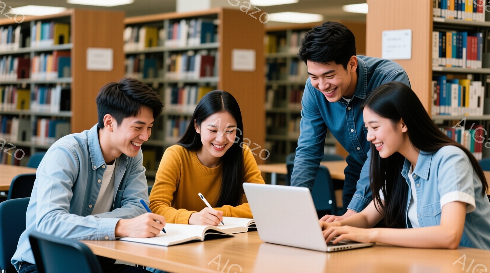 図書館でノートパソコンを囲んで勉強する学生たちが写っている。男性はデニムシャツを着ており、女性は黄色と水色のセーターを着ている。皆笑顔で活気に満ちており、協力して学習している様子が窺える。