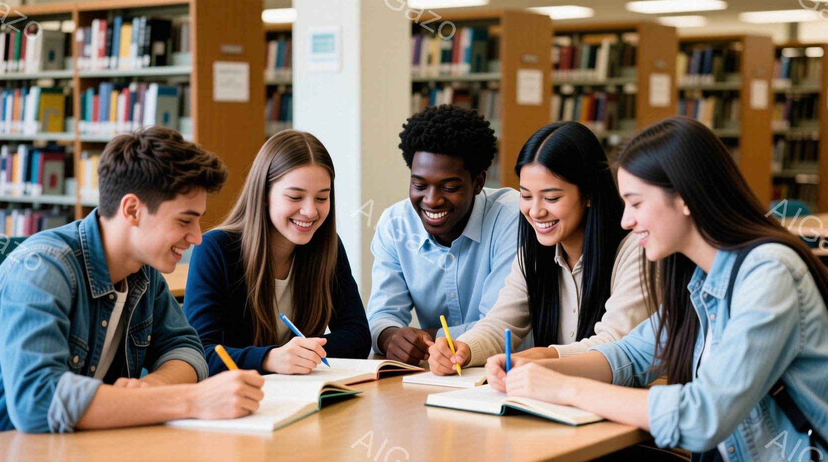 図書館の一室で、若い男女5人が机を囲んで勉強している様子が写っている。彼らは皆、カジュアルな服装で、笑顔を浮かべながらノートに何か書き込んでいる。背景には本棚が並び、明るく穏やかな学習の雰囲気が漂っている。