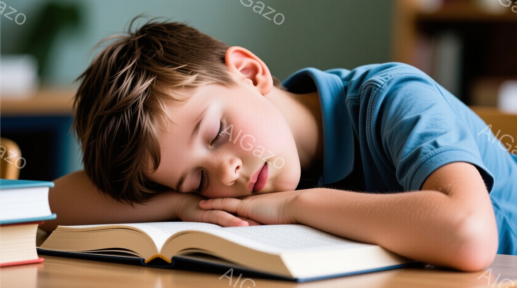 若い男の子が机の上で眠っており、頭を腕で支えています。彼は青いTシャツを着ており、短くてカールした茶色の髪をしています。机の上には開かれた本と積み重ねられた本が置かれ、背景にはぼやけた木製の家具が見えます。