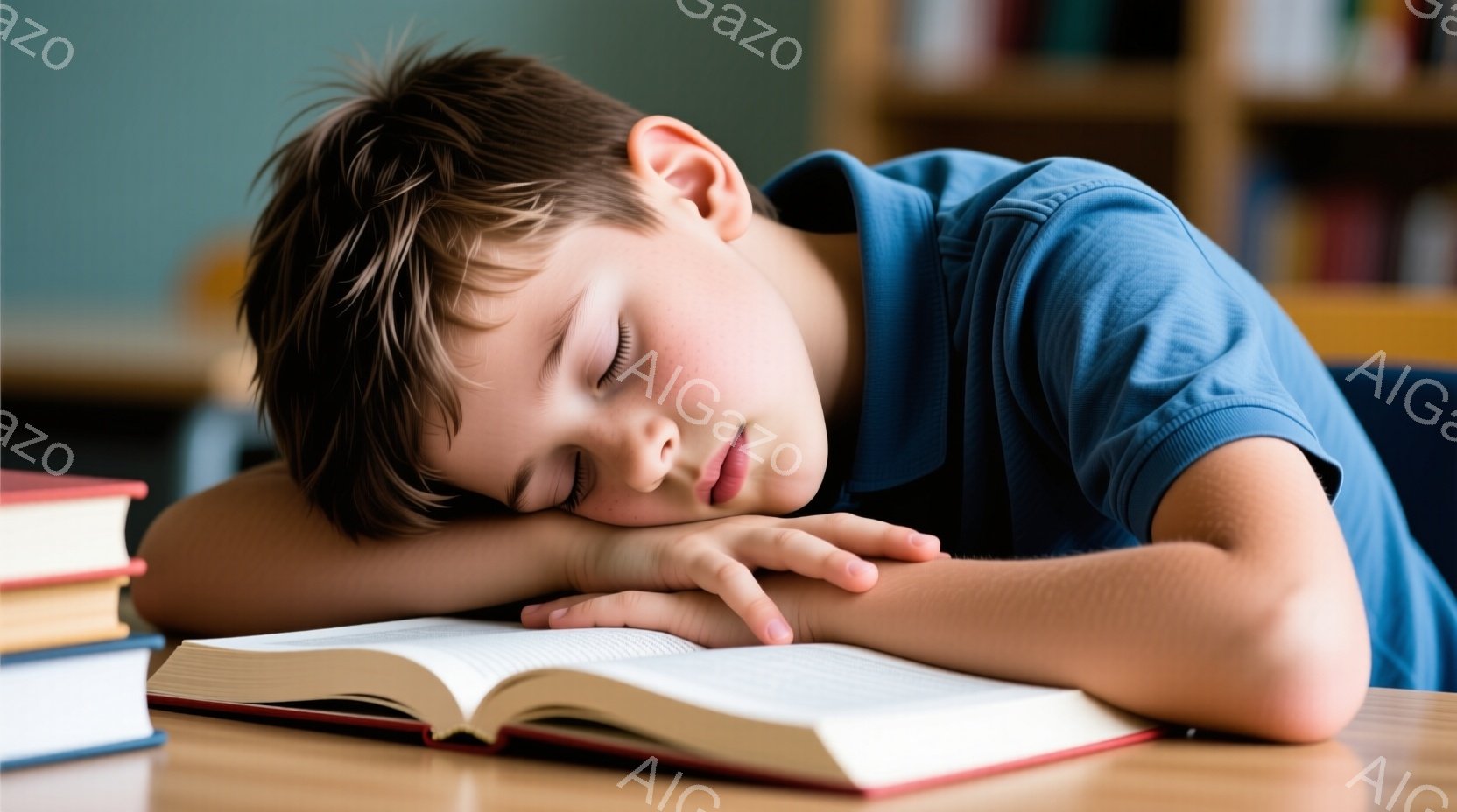 茶髪の少年が木製の机の上に肘をついて眠っています。青いTシャツを着ており、開いた本が彼の腕の下にあります。背景には本棚が見え、教室のような穏やかな雰囲気が漂っています。