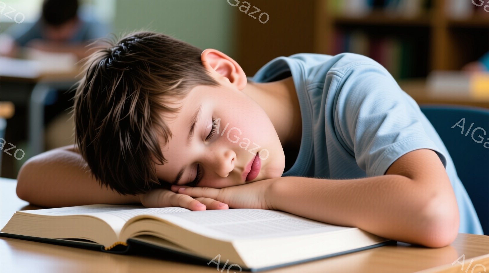 茶髪の少年が、開いた本の上の机にうつ伏せになり、眠っている。彼は青いTシャツを着ており、顔は腕の上で休んでいる。背景にはぼやけた教室と、他の生徒らしき人物が見え、全体的に学習疲れを感じさせる静かな雰囲気が漂っている。