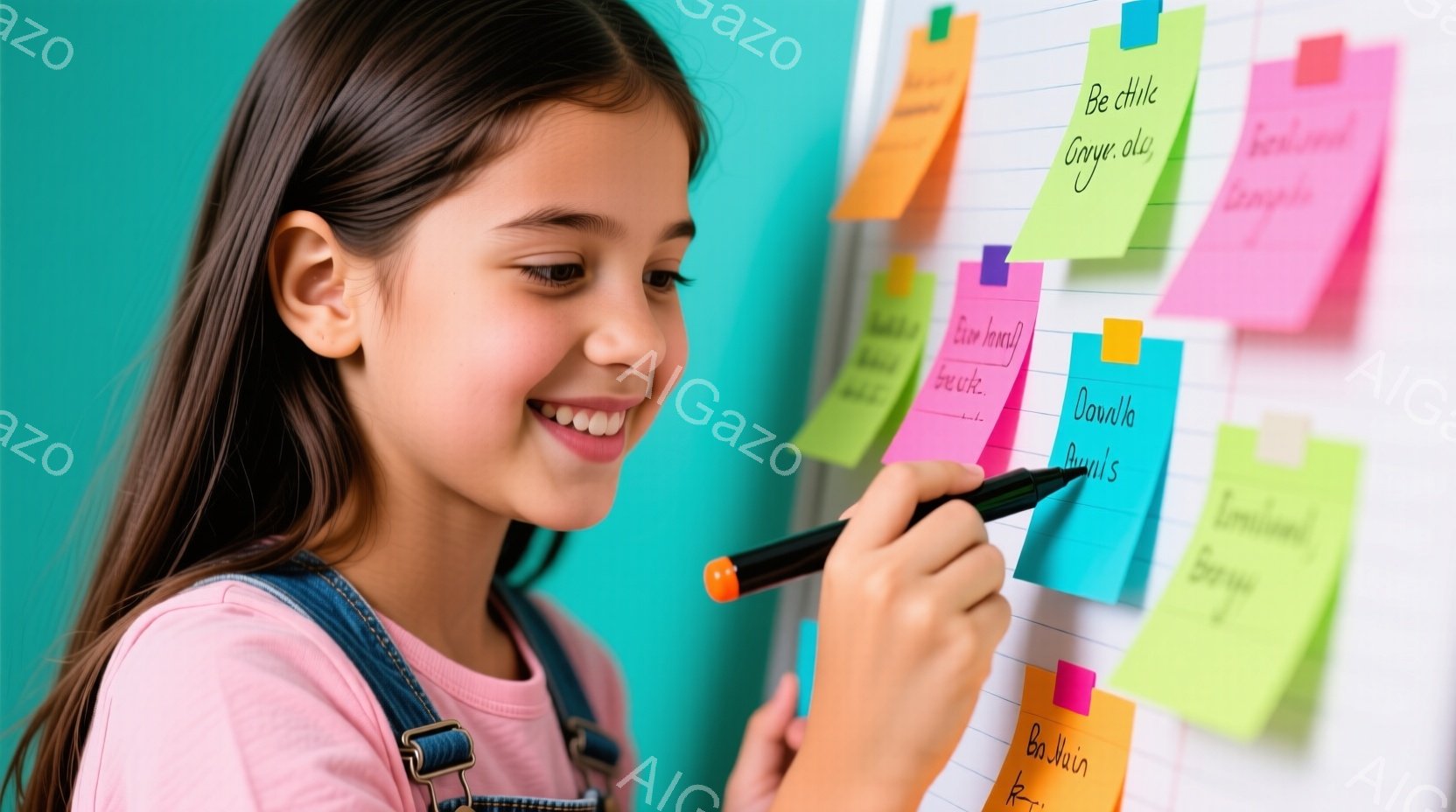 少女は、青いパーカーを着て、手にペンを持って、ポストイットのブックに紙封筒を貼り付けています。彼女は吃息し、表情が明るく幸せそうです。彼女は緑色の壁の前に立っており、彼女は準備書き物を飲んでいるような姿勢で、手がパーカーの腕上にあります。絵は明るく、ポジティブな雰囲気が感じられます。