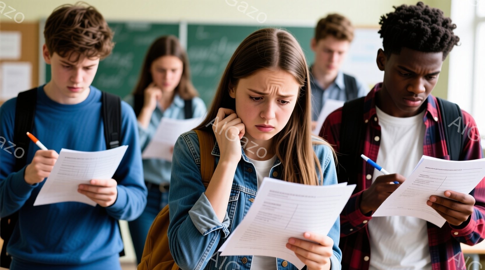 教室にいる複数の学生がテストに取り組んでいる様子が写っている。一人の若い女性は困惑した表情で、紙のテストを見つめながら顎に手を当てている。背景には他の学生たちが写り、教室の黒板と机が見えるため、学習環境であることがわかる。