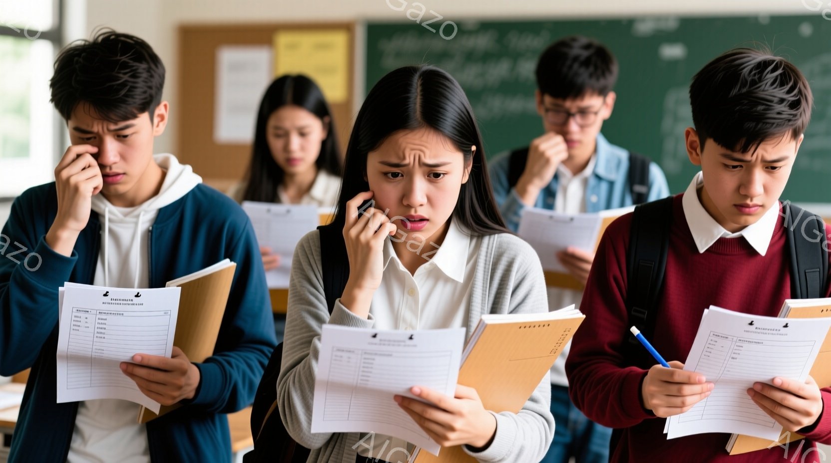 教室にいる若い学生たちが描かれており、試験または課題に取り組んでいる様子がうかがえる。彼らはそれぞれ異なる服装で、髪型も多様であり、困惑や集中といった様々な表情をしている。背景には黒板が見え、教室の壁が確認でき、全体的に緊張感と学習の雰囲気が漂っている。