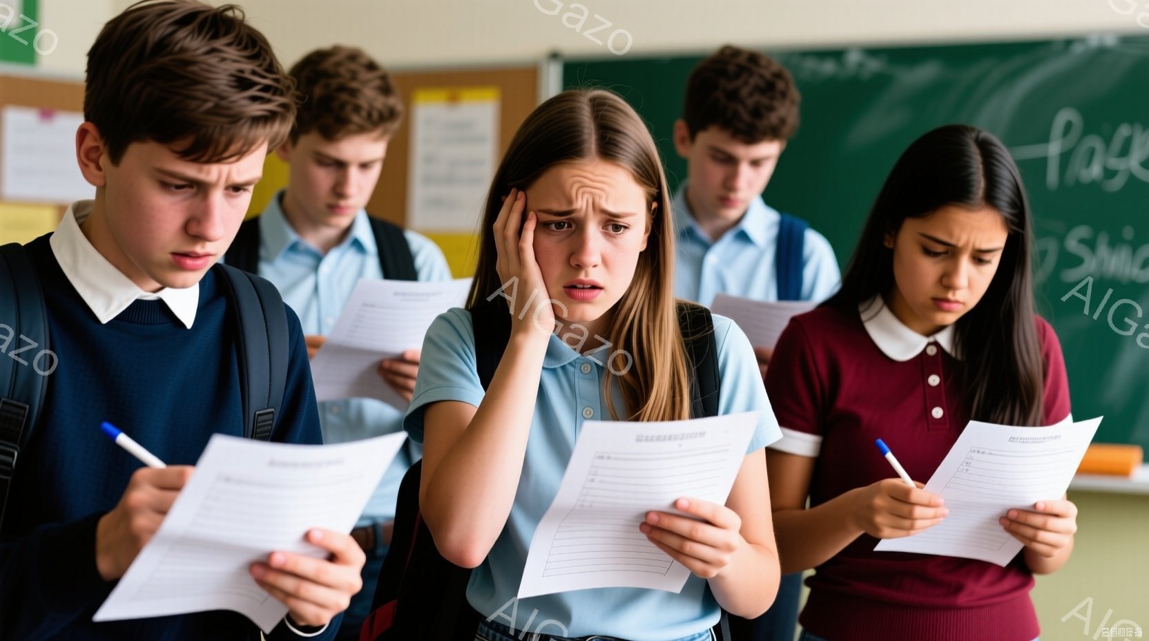 教室にいる若い学生たちが試験を受けている様子が描かれている。彼らは皆、制服のような青いシャツと濃い色のズボンまたはスカートを着用し、深刻な表情でテスト用紙を見つめている。背景には黒板があり、文字や数式が書かれており、緊張感のある学習環境を暗示している。