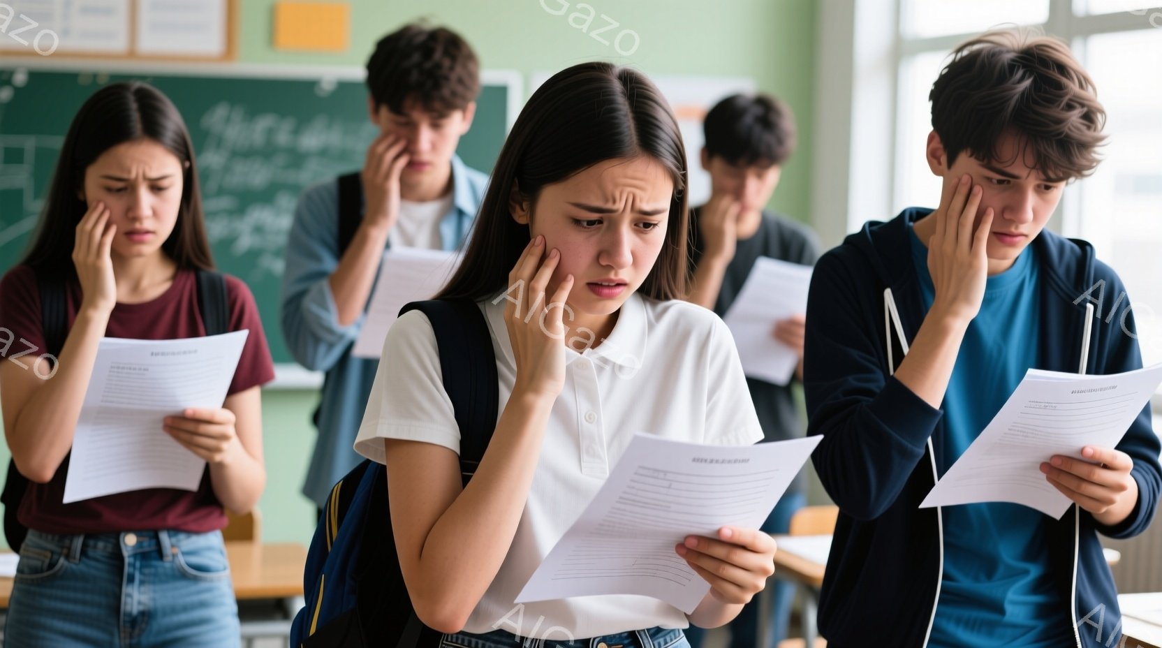教室にいる複数の生徒が、試験の採点結果を見たように顔を覆っています。彼らはそれぞれカジュアルな服装で、男の子はTシャツ、女の子は赤いトップスとジーンズを着ています。教室の背景には机と黒板があり、厳しい雰囲気と緊張感が漂っています。