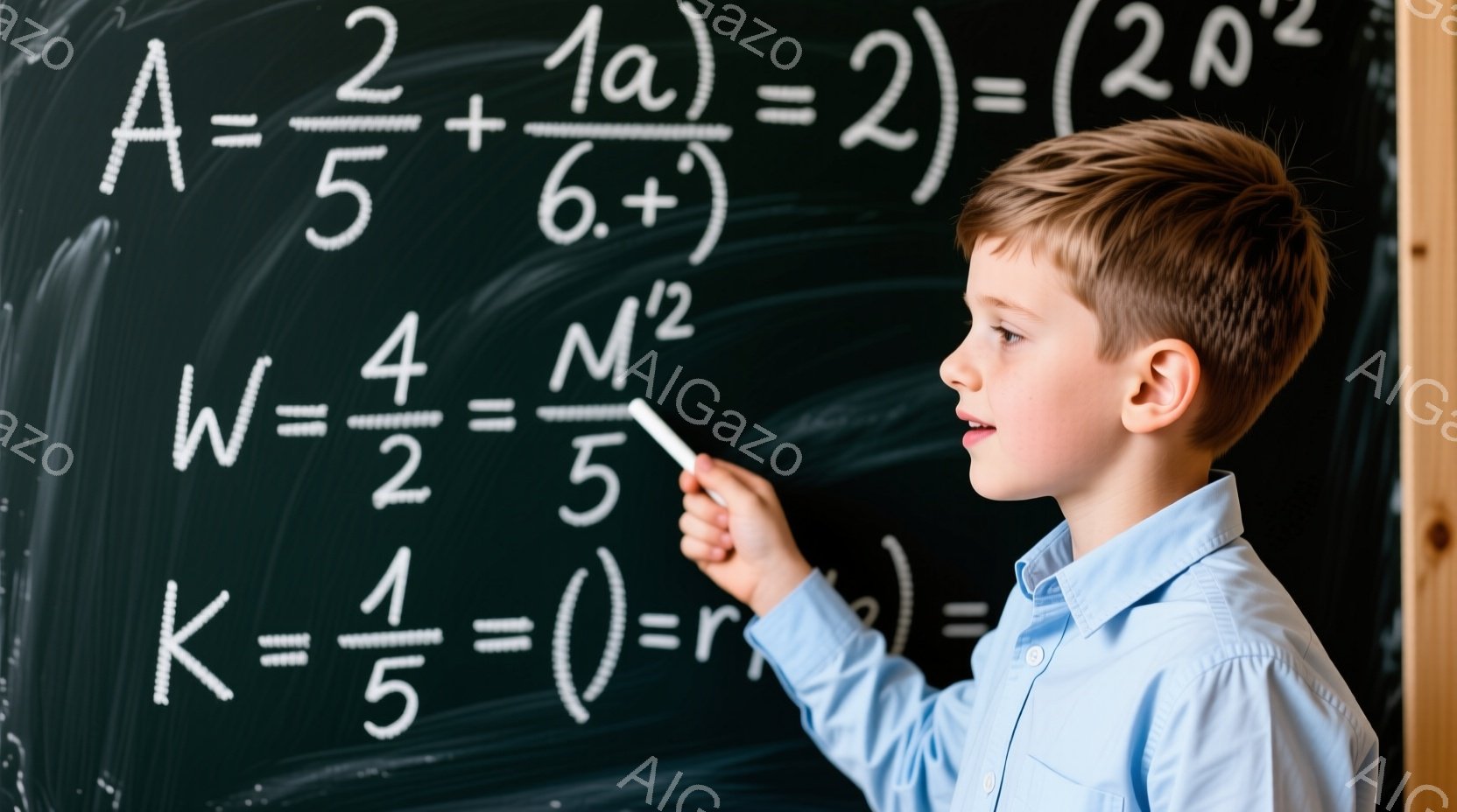 金髪の少年がチョークを持って数式が書かれた黒板の前に立っています。青いシャツを着ており、真剣な表情で数式を指しています。背景は木製の枠で、全体的に学習意欲を感じさせる雰囲気です。