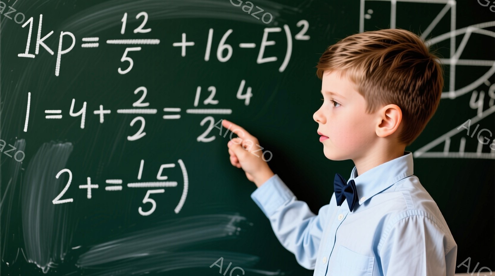 少年は、黒板の前で何か計算式を指し示しています。彼は、水色のシャツと蝶ネクタイを着ており、整った髪型で真剣な表情をしています。背景には、数学の式や図形が書かれた黒板があり、教育的な雰囲気が漂っています。