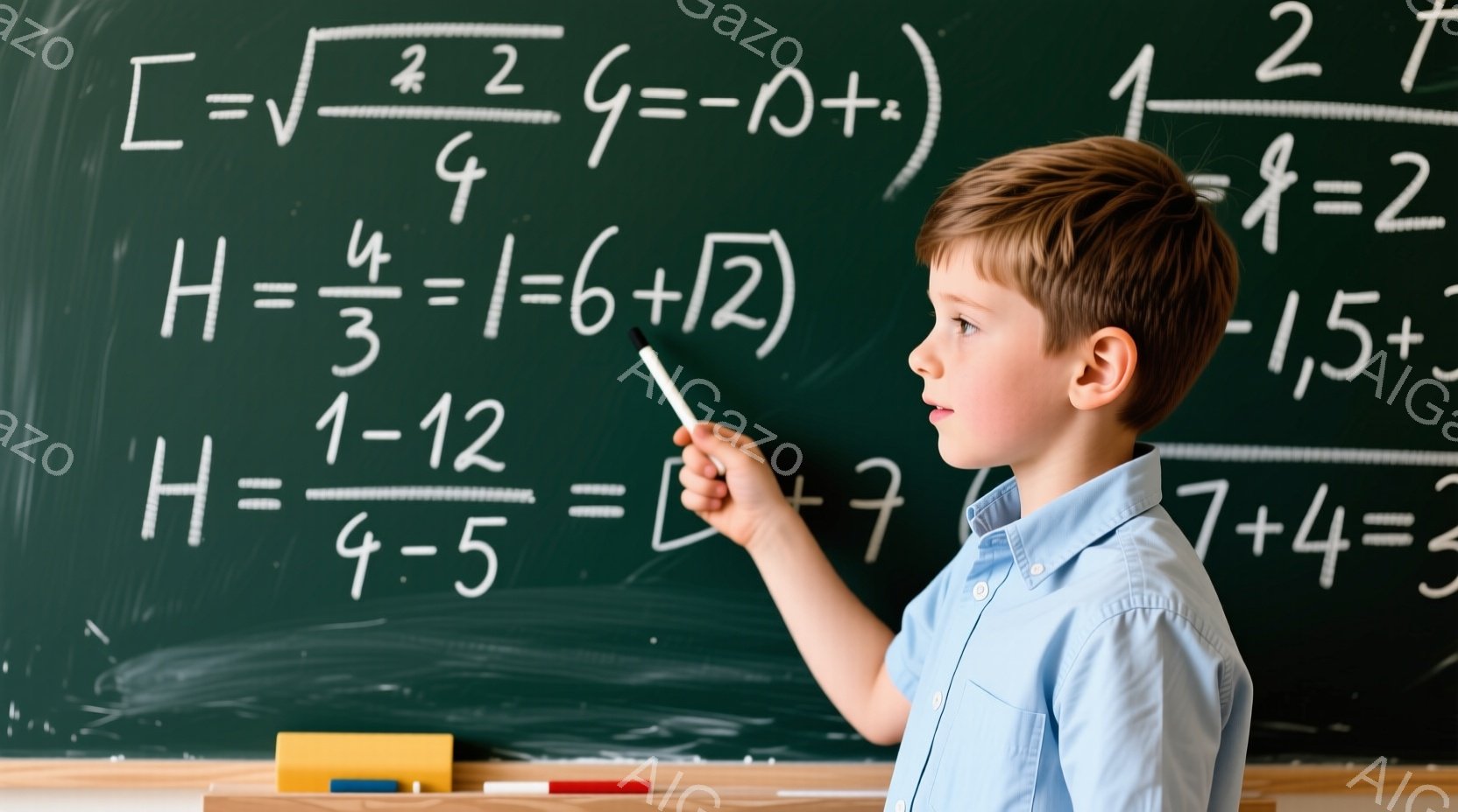 茶髪の少年がチョークを持って黒板の前で立っています。彼は水色のシャツを着ており、真剣な表情で計算式を書いているようです。背景には様々な計算式が書かれた黒板が広がり、学習の雰囲気を醸し出しています。