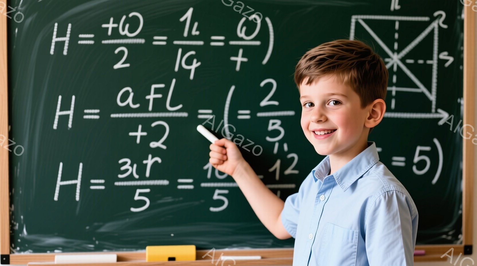 少年は青いシャツを着て、黒板の前でチョークを手にしています。彼は笑顔で、チョークを黒板の数式に近づけています。背景には、数式や図形が書かれた黒板があり、明るい雰囲気です。