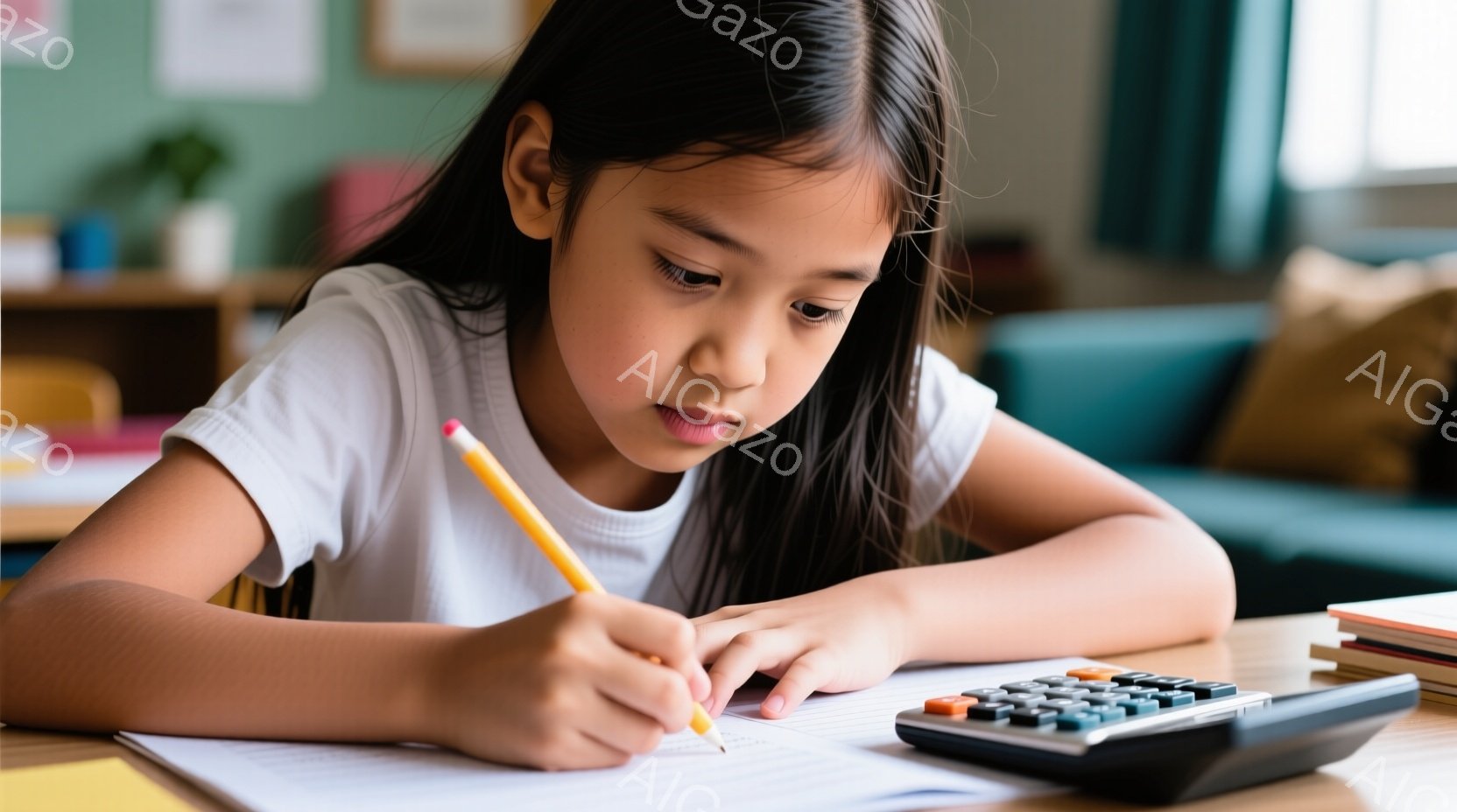 茶髪の少女が机に向かい、鉛筆を使って何かに集中して取り組んでいます。彼女は白いTシャツを着ており、少し眉間にしわを寄せ、真剣な表情をしています。背景には、緑色の壁と、本や電卓が置かれた机が見え、教室の - AI生成フリー素材