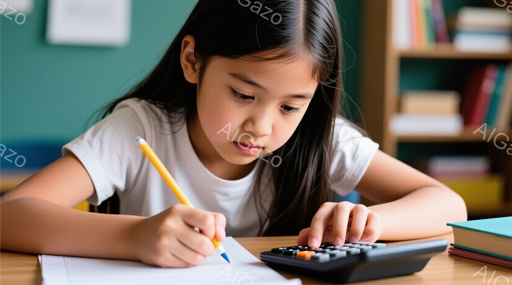 茶髪の少女が白いTシャツを着て、計算機とノートに向かって何かを計算している。彼女は真剣な表情で、集中して計算に取り組んでいる様子が伺える。背景には本棚があり、教室のような空間であることがわかる。