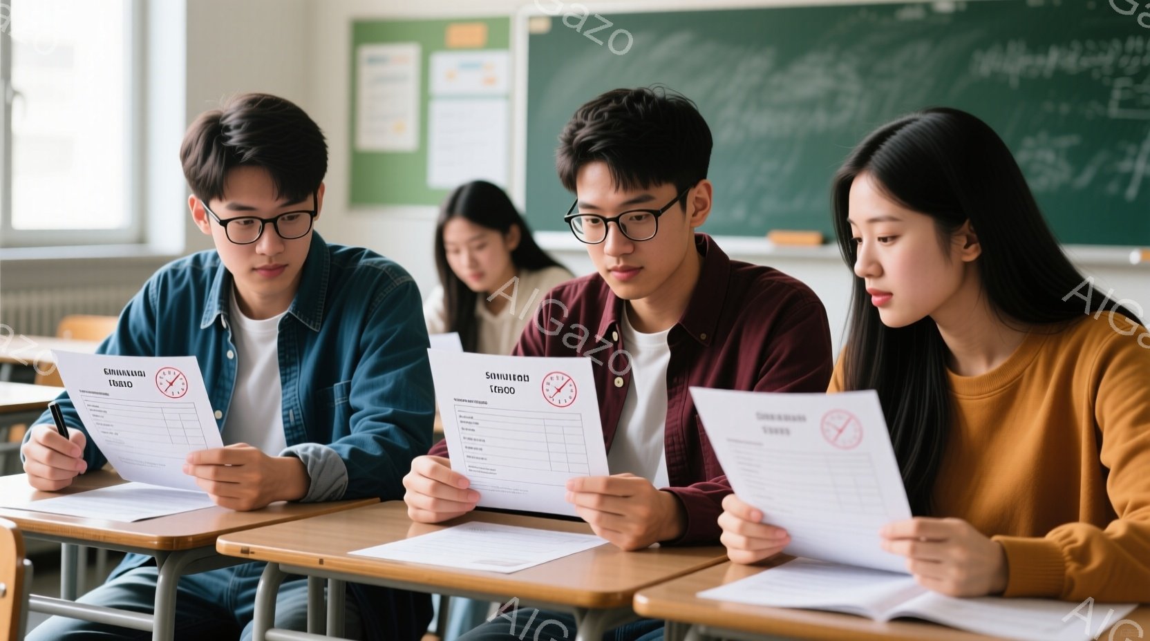 教室で、眼鏡をかけたアジア人学生たちがそれぞれ机に向かい、試験に取り組んでいます。彼らは落ち着いた表情で、真剣な眼差しで問題文を読んでいます。教室の背景には、他の生徒たちが見え、落ち着いた学習環境が広がっています。
