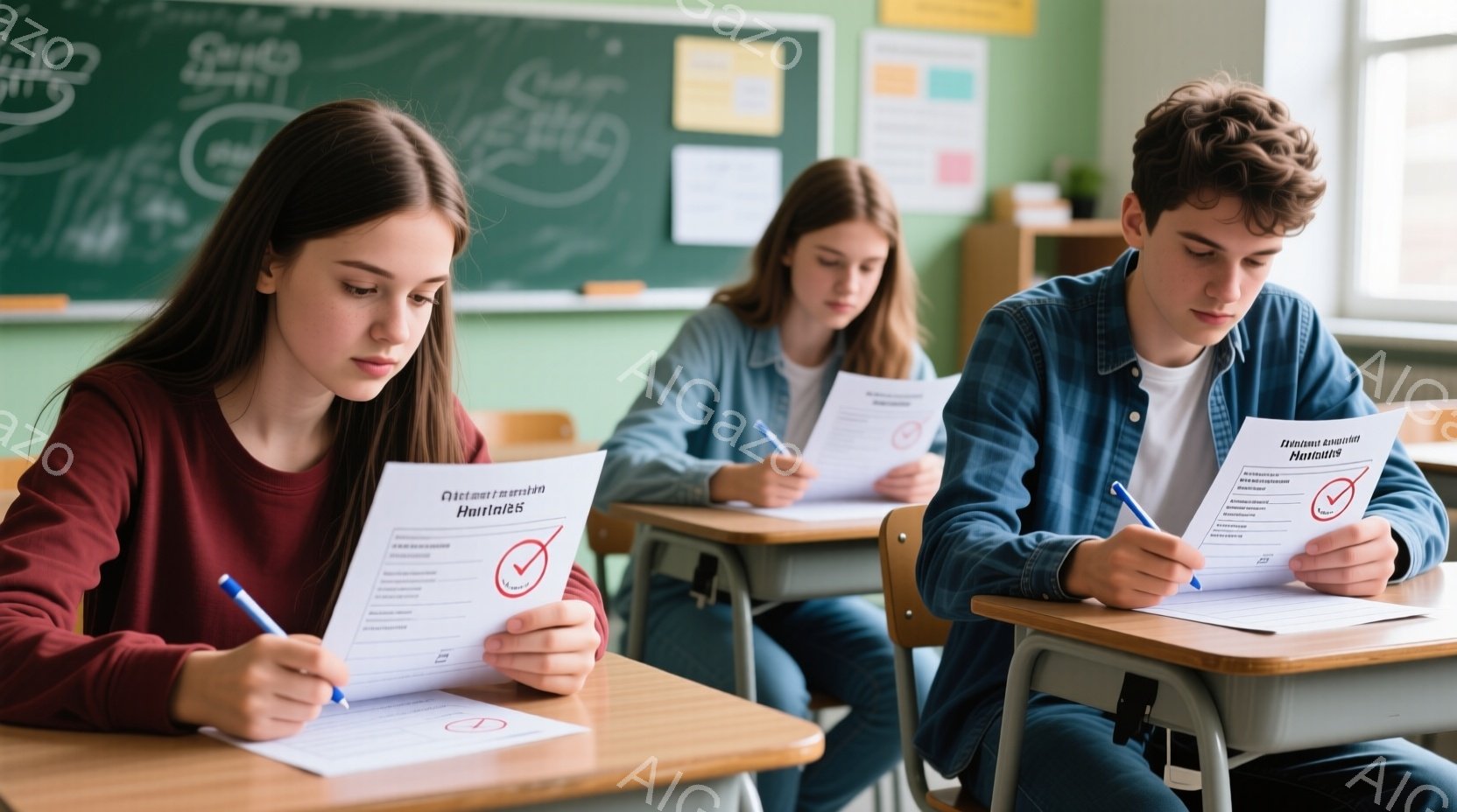 教室で三人の生徒がテストを受けている。若い女性は赤色の長袖シャツを着ており、長く暗い髪を肩に垂らしている。彼女は真剣な表情で、ペンを使って解答用紙に書き込んでいる。
