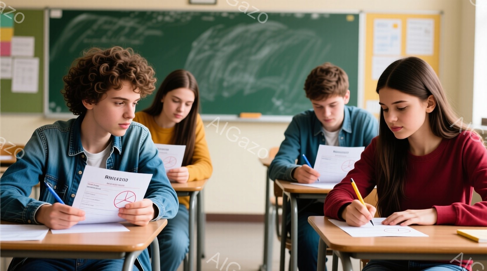 教室で試験を受けている生徒たちの様子が写っている。前列の少年はカールした髪で、青いジャケットを着ていて、試験用紙を心配そうに見つめている。奥の生徒たちは、真剣な表情で問題に取り組んでいるが、やや疲れているように見える。