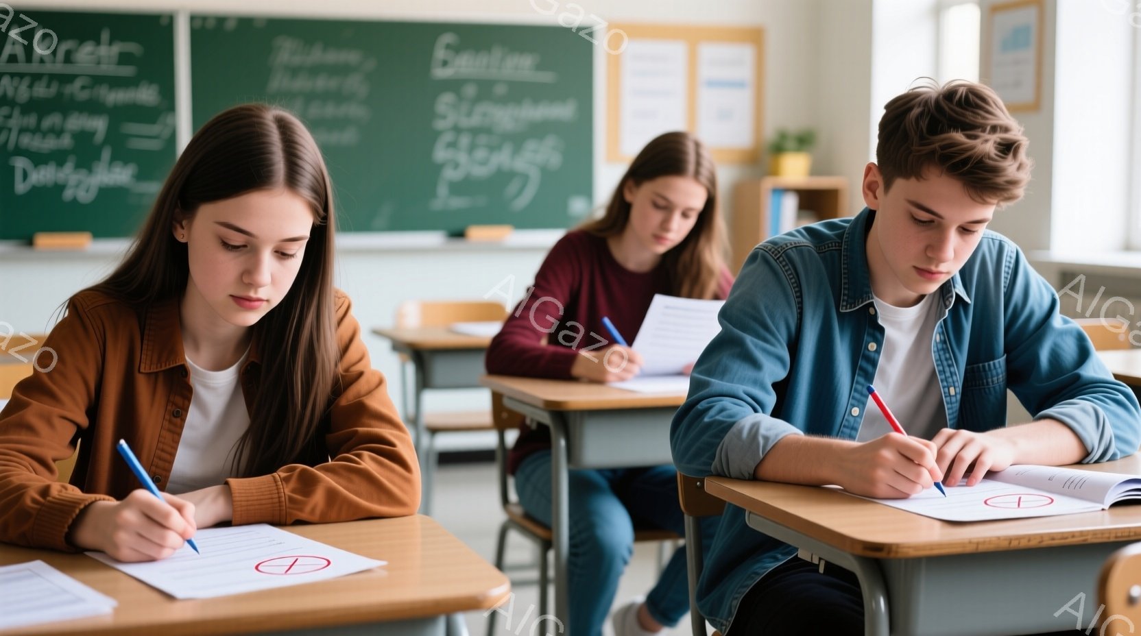 教室で数人の生徒が試験を受けている様子が写っている。前列の女性はオレンジ色のセーターを着ており、長い茶髪を肩に垂らしている。真剣な表情で青いペンで解答用紙に書き込んでいる。