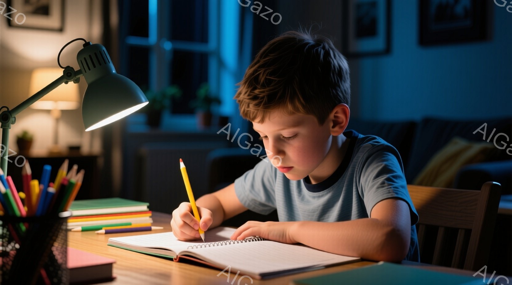 少年は、木製の椅子に座り、机に向かって宿題をしている。彼は青いTシャツを着ており、短い茶色の髪をしている。机の上には、開いたノート、鉛筆、色鉛筆が置かれ、集中して書き込んでいる様子から、真剣な雰囲気が - AI生成フリー素材