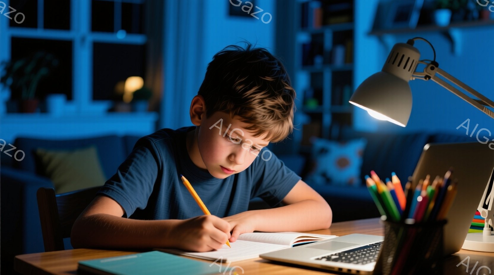 少年は青いTシャツを着て、木の机で勉強している。彼は集中した表情で鉛筆を使ってノートに書き込み、姿勢はやや前かがみになっている。背景には、ノートパソコン、カラフルな色鉛筆、そしてぼやけたリビングルームの様子が見え、全体的に温かく落ち着いた雰囲気である。