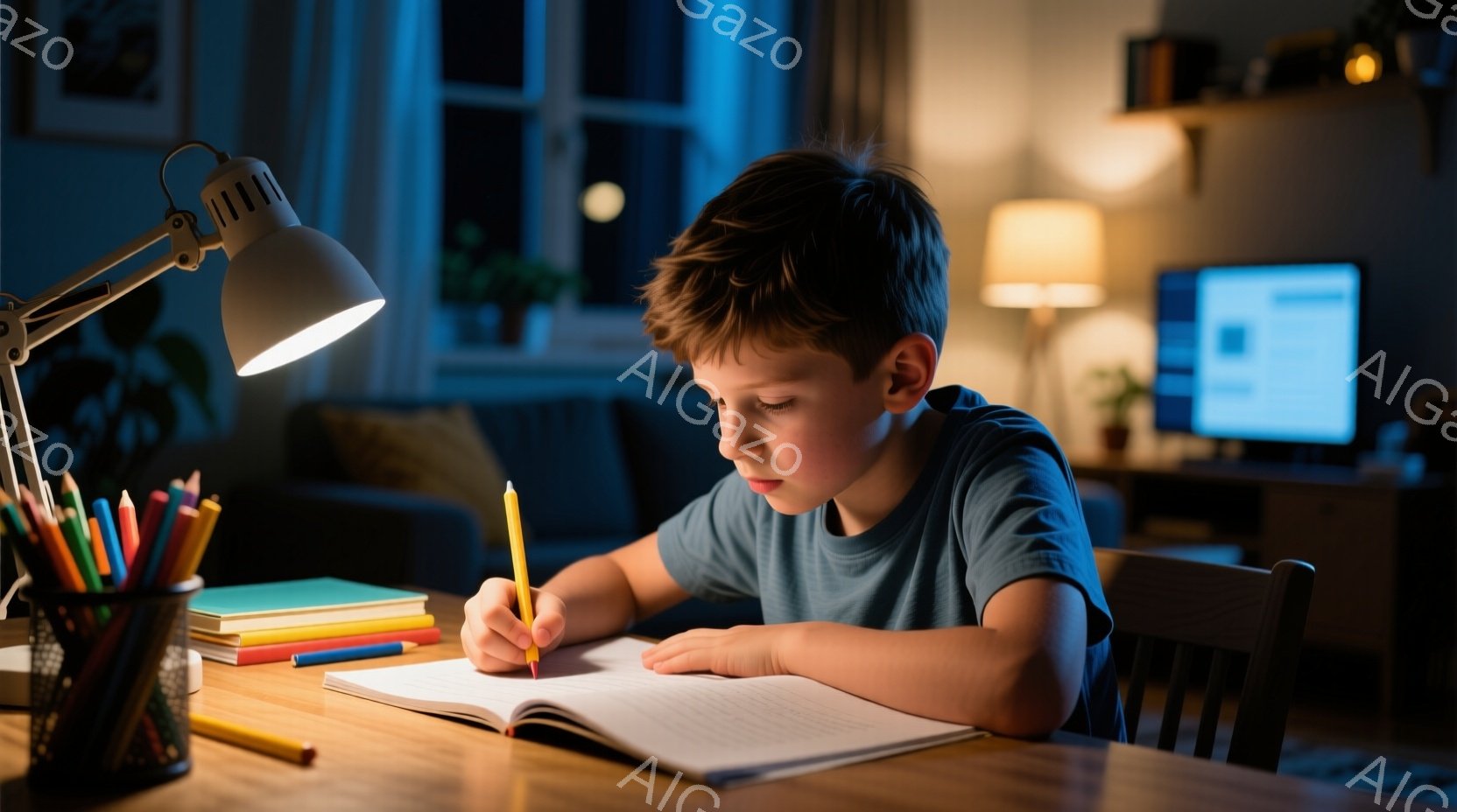 茶髪の少年が青いTシャツを着て、机に向かって集中して何かを書いている。彼は開いたノートに黄色い鉛筆で書き込み、真剣な表情をしている。背景にはぼやけた部屋の様子が見え、暖色のテーブルランプが少年の作業ス - AI生成フリー素材
