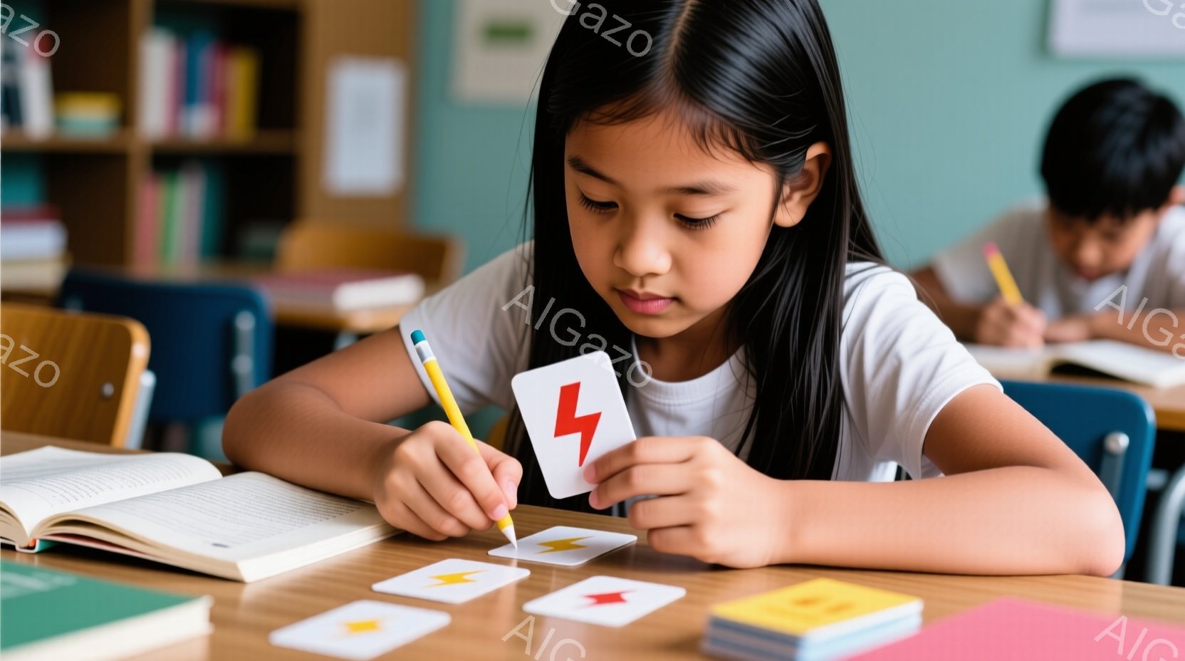 茶髪の少女が机に向かって座り、雷の絵が描かれたカードを手に持っています。彼女は白いTシャツを着ており、集中した表情でカードを何かに照らし合わせています。背景には他の生徒や本棚が見え、教室の中の穏やかな学習の雰囲気が感じられます。