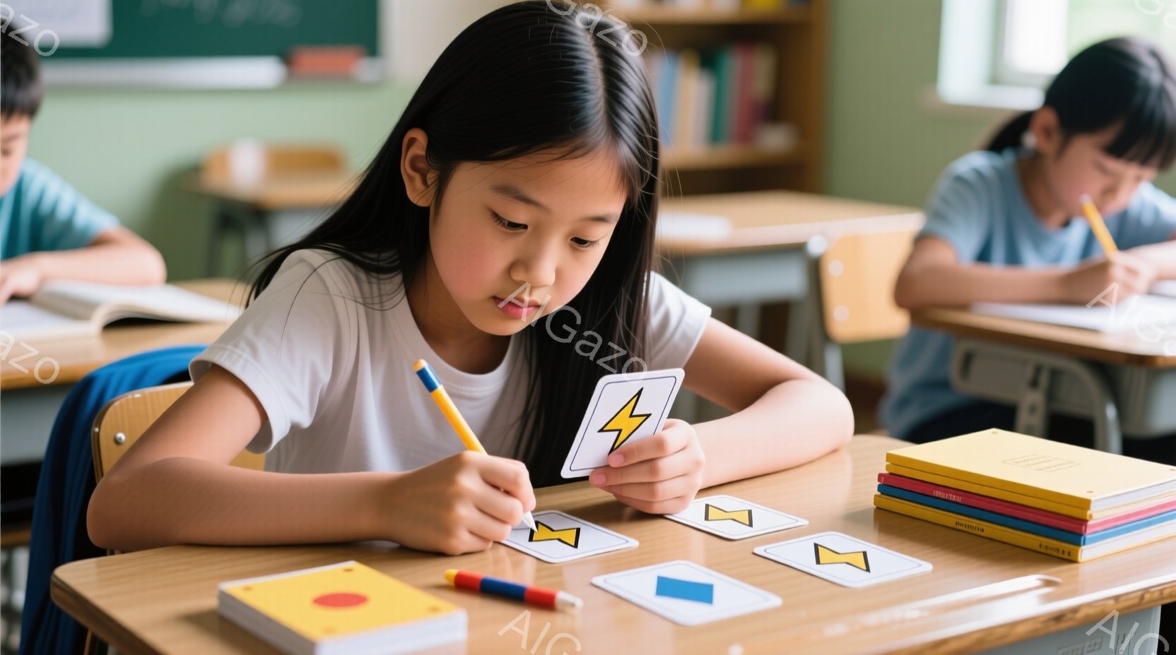 茶色の髪を肩まで伸ばした少女が、机に向かって座り、雷のマークのカードを持っています。彼女は白いTシャツを着ており、集中した表情でカードと机の上に並んだ様々な形のカードを見つめています。教室の中には他の - AI生成フリー素材