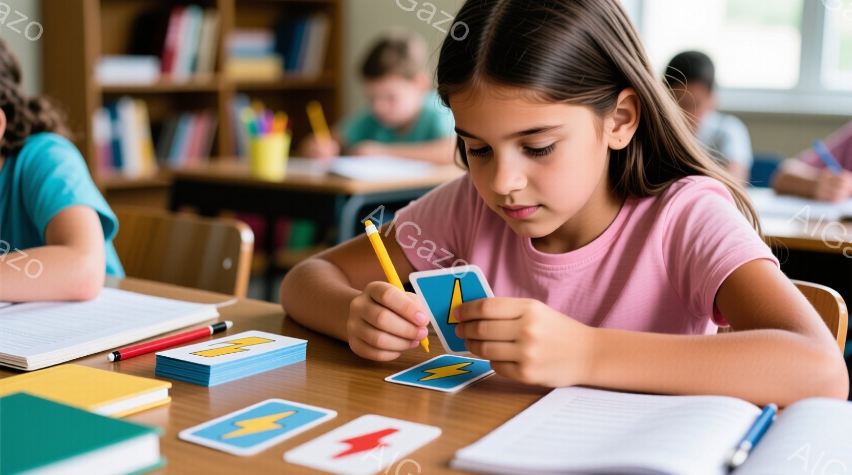 女の子が机に向かって座り、稲妻が描かれたカードを手に持っています。彼女はピンク色のTシャツを着ており、髪は後ろで三つ編みにされています。背景には他の生徒や棚があり、教室の様子がわかります。