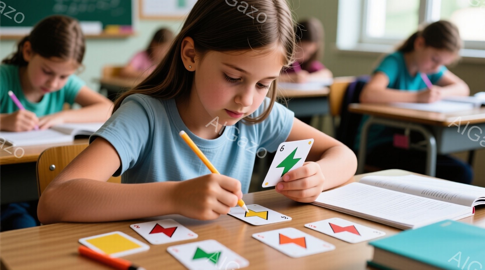 少女は青いシャツを着て、木製の机の上でカードを並べながら鉛筆を手にしています。彼女は少し集中した表情で、カードの記号を見つめています。教室の奥には他の生徒たちが座っており、明るい日差しが差し込む静かな - AI生成フリー素材