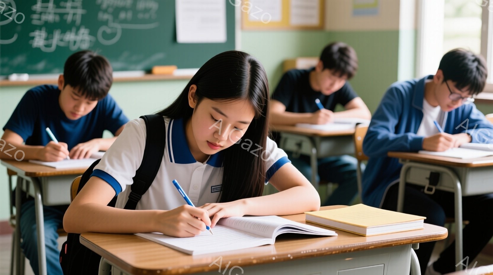 制服を着た女子生徒が、机に向かって真剣な表情でノートにペンで書き込んでいる。教室には数人の男子生徒もおり、同様に勉強に集中している様子だ。背景には黒板が見え、教室全体が落ち着いた雰囲気で、学習に集中できる環境であることがわかる。