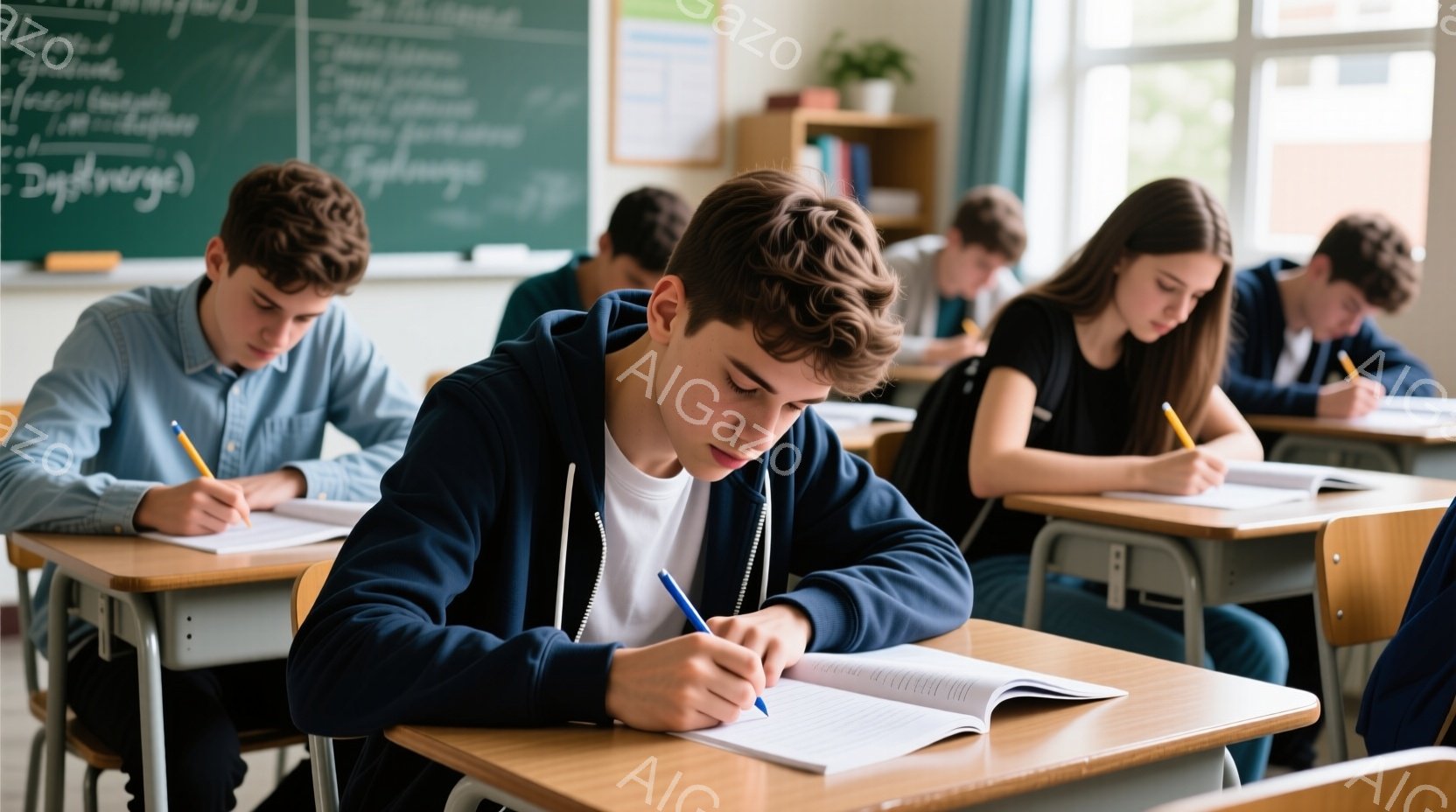 教室で数人の生徒が机に向かって勉強しています。彼らはそれぞれジーンズやシャツを着ており、真剣な表情で筆記具を使ってノートに書き込んでいます。背景には黒板があり、教室全体は落ち着いた雰囲気で、集中して学習に取り組んでいる様子が伝わってきます。