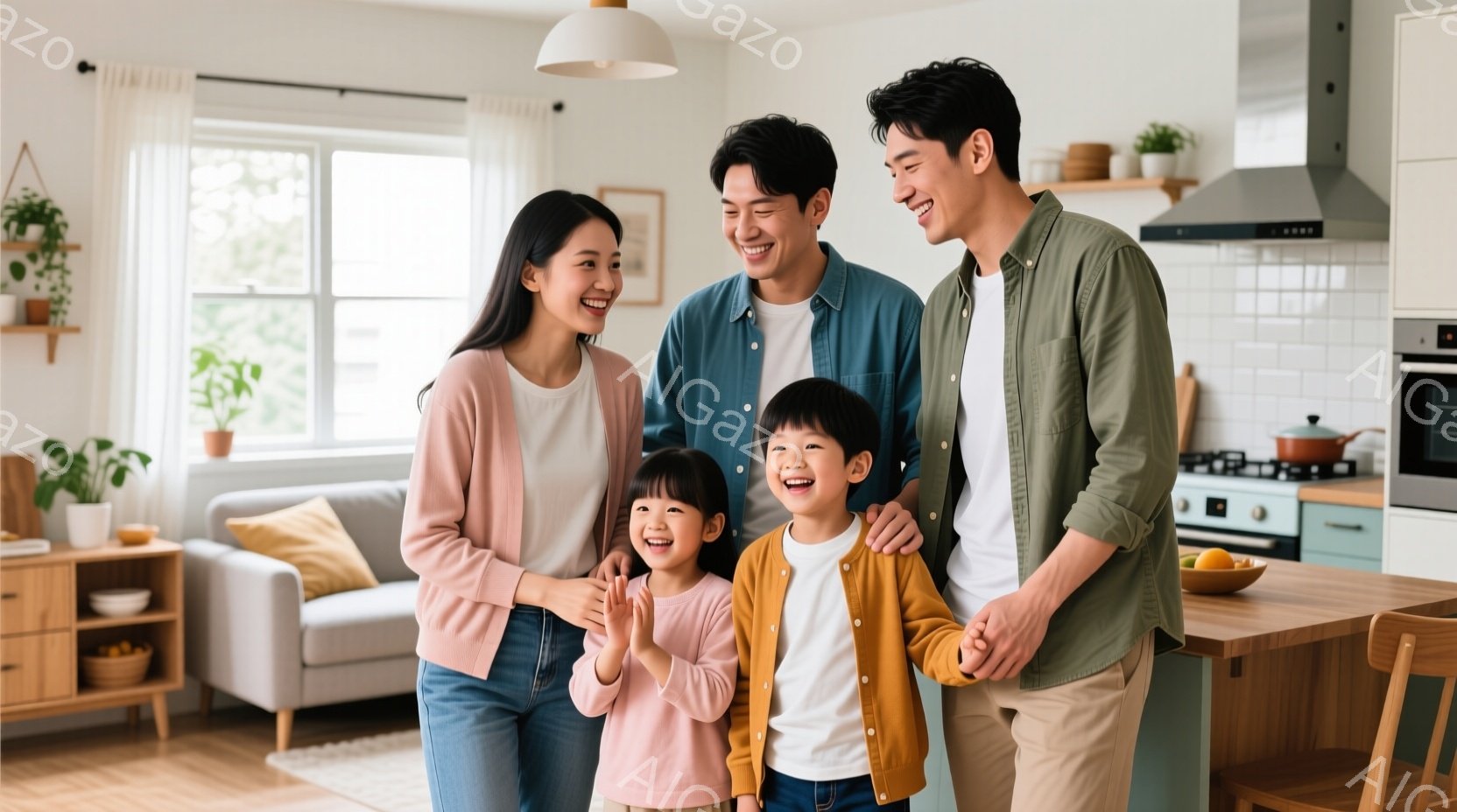 家族四人がキッチンで笑顔で立っている。母親はピンクのセーターとジーンズ、父親はターコイズブルーのシャツとベージュのジャケットを着ており、二人の子供はそれぞれオレンジとピンクのジャケットを着ている。背景 - AI生成フリー素材