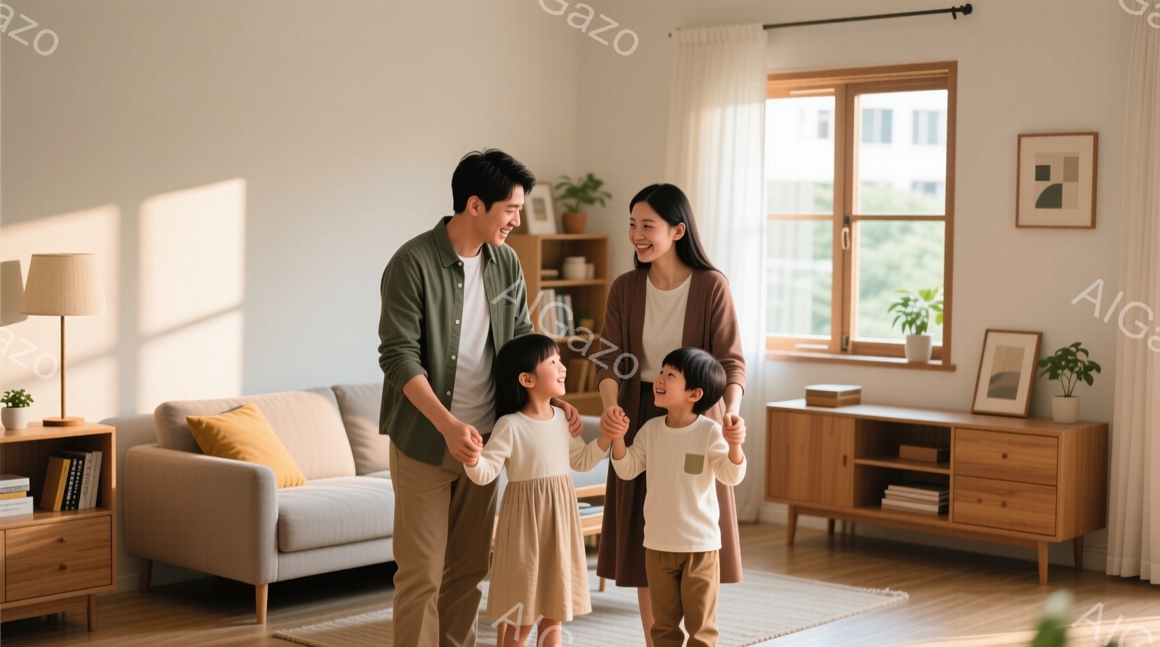 家族がリビングルームで手をつないで笑顔で立っています。父親は緑色のシャツとベージュのズボン、母親は茶色のニットとジーンズを着ており、二人の子供たちはそれぞれ白いTシャツと茶色のズボン、またはワンピース - AI生成フリー素材