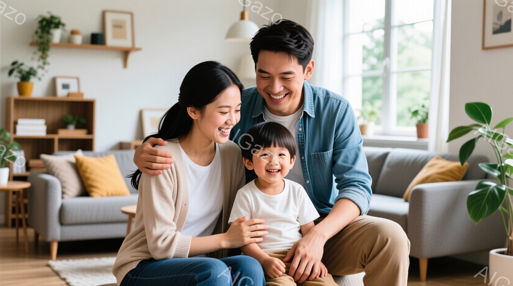 室内で、若い女性と男性、そして幼い男の子が写っている。女性はベージュのカーディガンとジーンズ姿で、男性はデニムシャツとパンツを着用しており、男の子は白いTシャツとベージュのズボンを履いている。三人は笑 - AI生成フリー素材