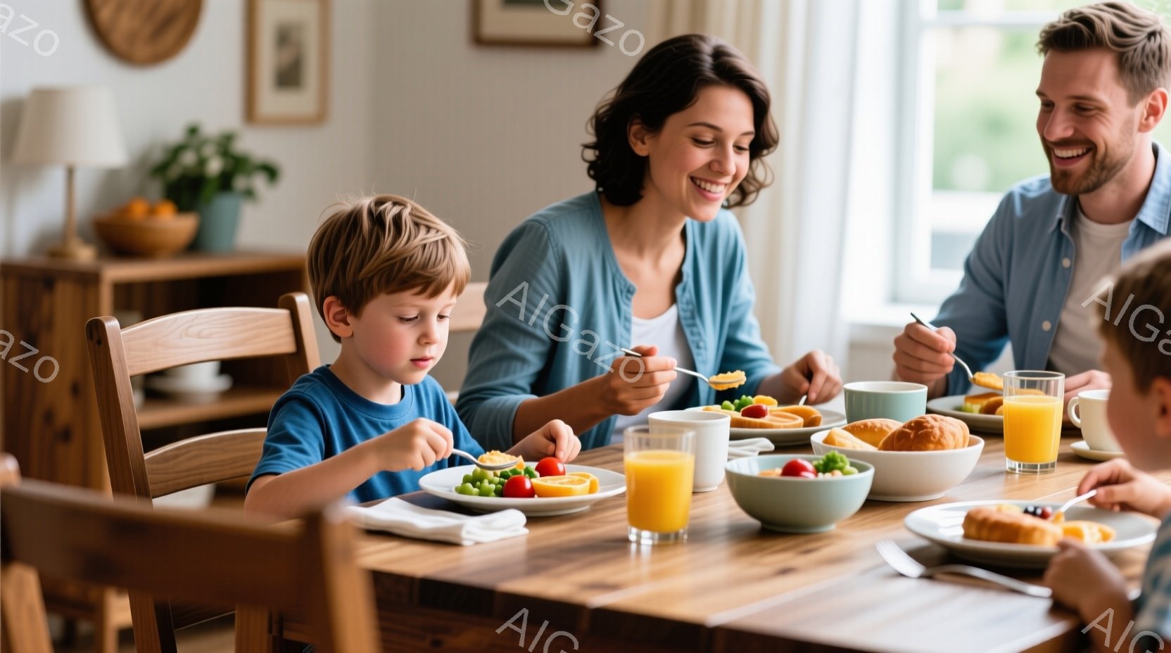 明るいキッチンで、家族が朝食をとっています。母親は明るい色のトップスを着て微笑み、フォークで食べ物を口に運んでいます。少年は青いTシャツを着て、真剣な表情で自分のプレートの食べ物を食べています。 - AI生成フリー素材