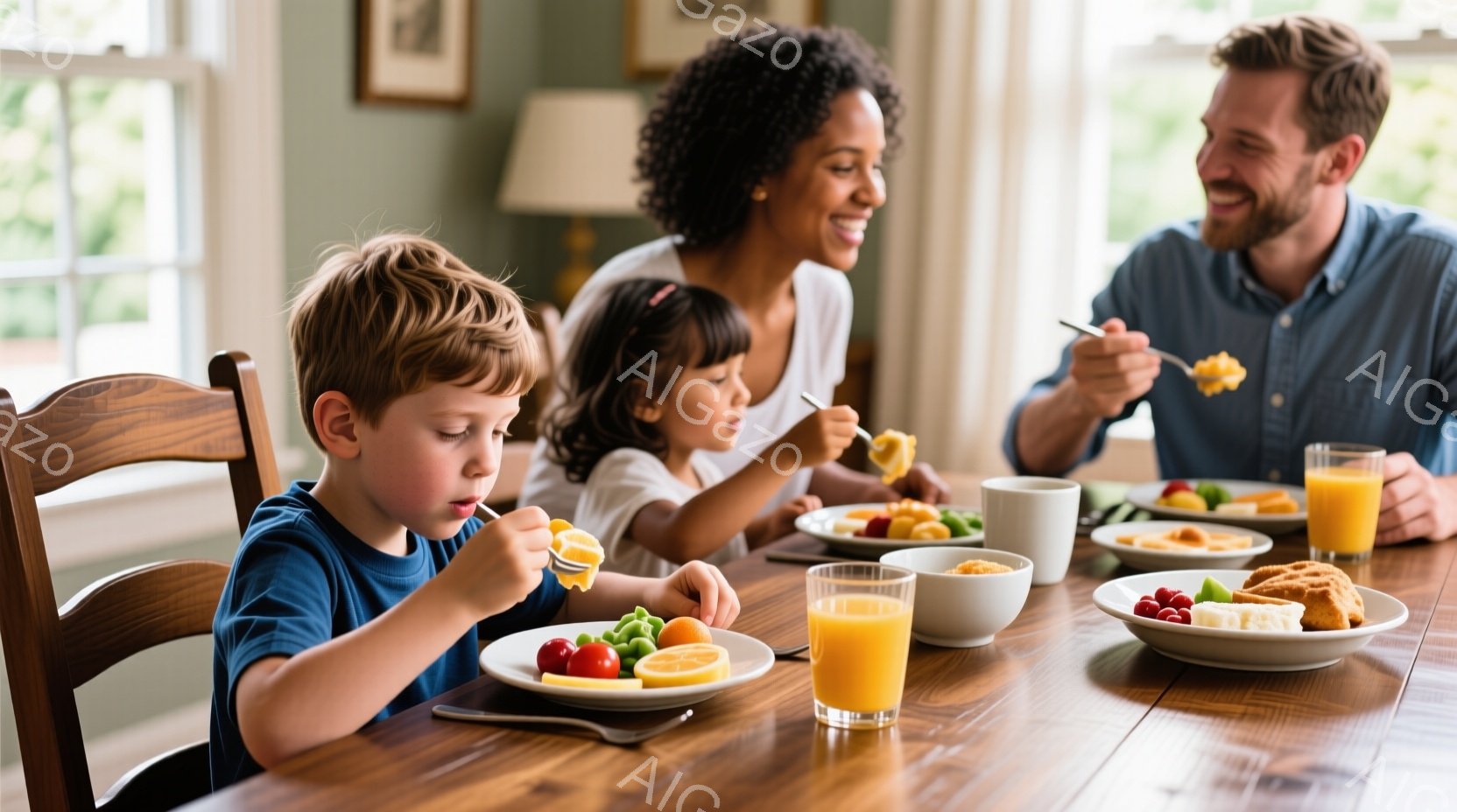 暖炉のあるダイニングテーブルを家族が囲み、朝食をとっています。少年は青いシャツを着て、フォークで食事をしています。母親と娘は笑顔で食事をしており、背景には明るい自然光が差し込む庭が見えます。 - AI生成フリー素材