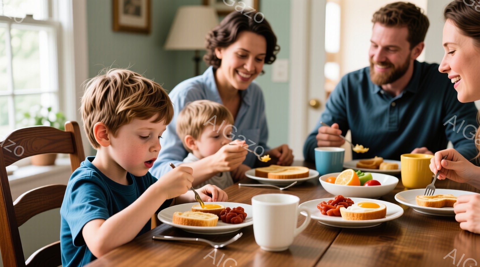 明るい朝食の風景で、家族が食卓を囲んでいます。母親は長い茶色の髪で微笑み、青いシャツを着ています。子供たちはそれぞれトーストとフルーツをフォークでつつきながら、楽しそうに食事をしています。 - AI生成フリー素材