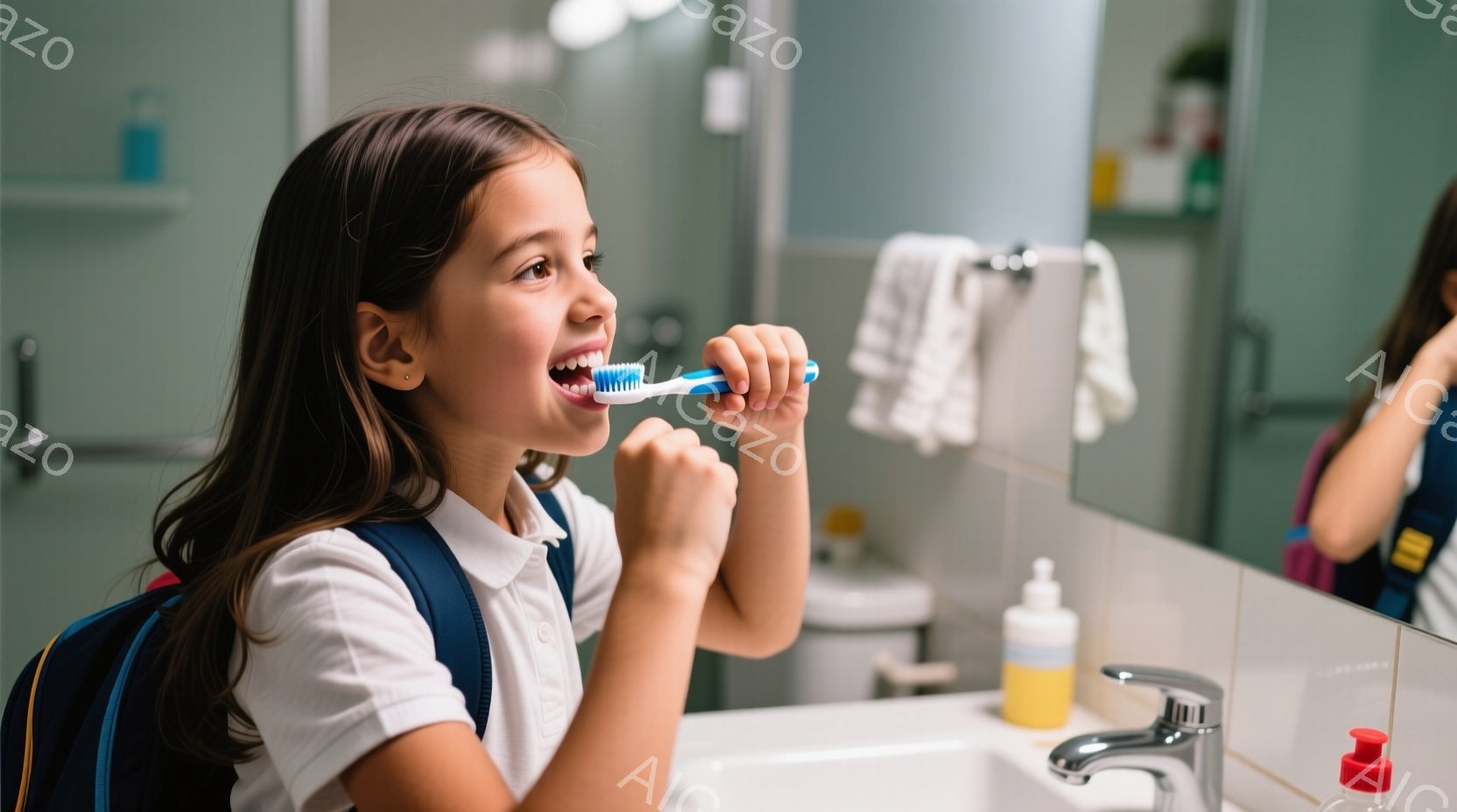 茶髪の少女が白いシャツを着て、歯磨きをしています。彼女は微笑んでおり、真剣な表情で歯ブラシを口に当てています。背景は白いタイル張りのバスルームで、洗面台、蛇口、そしてトイレが見えます。
