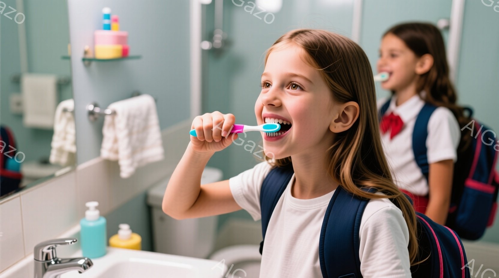 2人の若い女の子が洗面台の前で歯を磨いています。一人は白いシャツと赤いネクタイを着ており、もう一人は白いシャツを着ています。背景には白いタイル、蛇口、石鹸、そしてリュックサックが見え、明るく清潔な雰囲気のバスルームです。