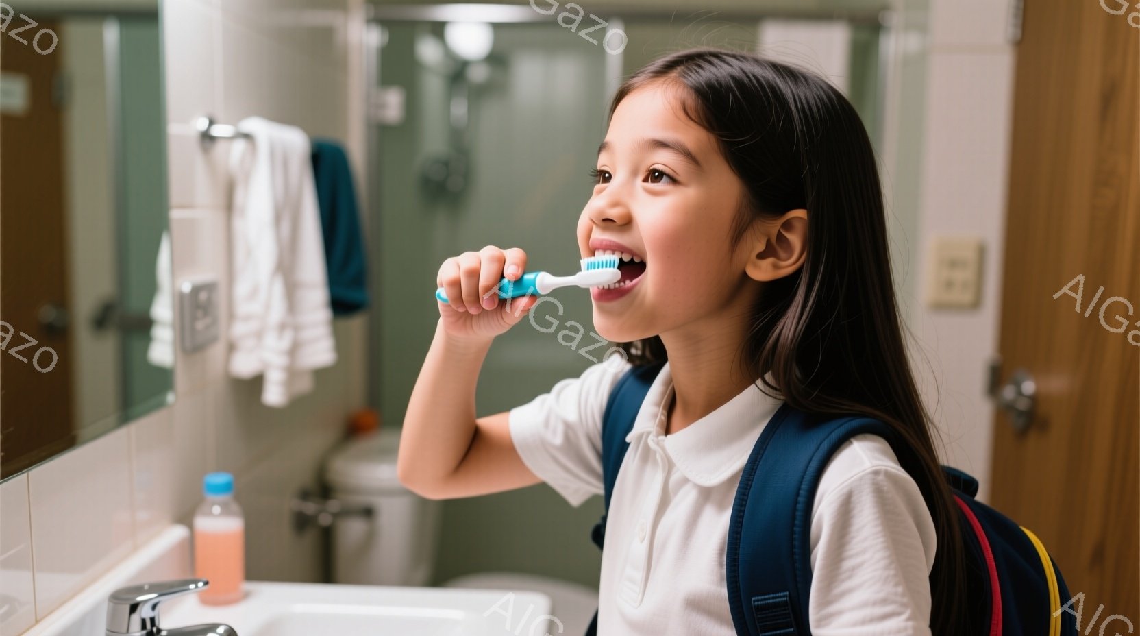茶髪の少女が洗面台の前で歯を磨いています。白いポロシャツとバックパックを着ており、笑顔で歯磨きに取り組んでいます。背景には白地の壁と水色のタオル、洗面台の蛇口、そしてドアが見え、朝の忙しい日常の一コマ - AI生成フリー素材