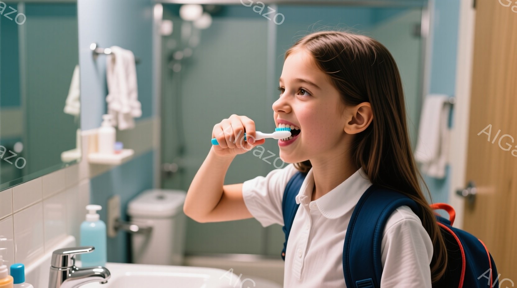 茶髪の少女が洗面台の前で歯を磨いています。白い襟のシャツと紺色のリュックを背負っており、口を開けて笑顔を見せています。背景には白いタイルと洗面台があり、清潔感のあるバスルームの様子が伺えます。 - AI生成フリー素材