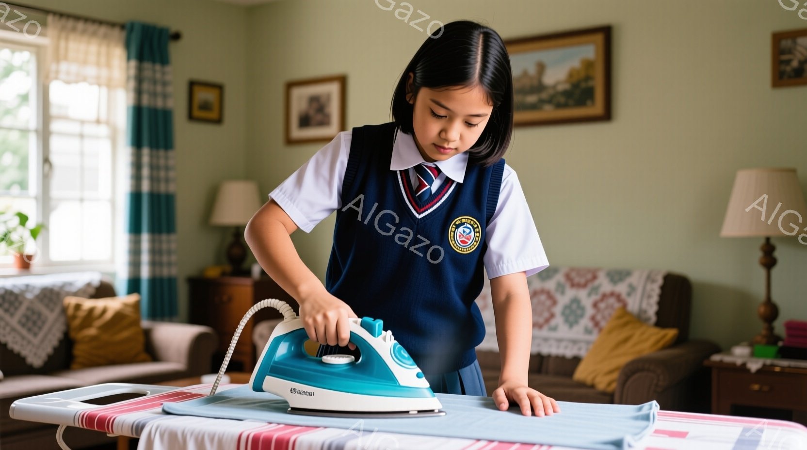 少女は制服姿でアイロン台に向かい、アイロンがけをしている。彼女は紺色のスカートと白いブラウス、そしてカラフルなニットベストを着用し、髪は後ろで一つに結んでいる。背景には青いカーテンと、ベージュ色のソファ、そして壁にかけられた絵画が見え、家庭的な温かい雰囲気が漂う。
